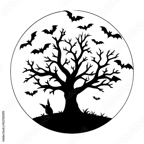 Silhouette of a spooky tree with bats and a rabbit in a circle frame