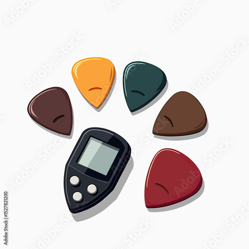 A musician's essential kit featuring a digital clip-on guitar tuner and a semi-circle of colorful guitar picks, perfect for acoustic or electric guitar players.
