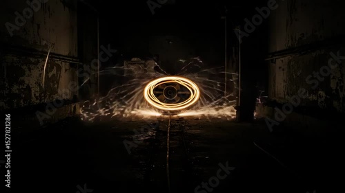 Light trails forming circular patterns in dark abandoned space  