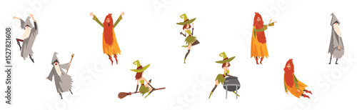 Bearded Man Wizard and Woman Witch Vector Set