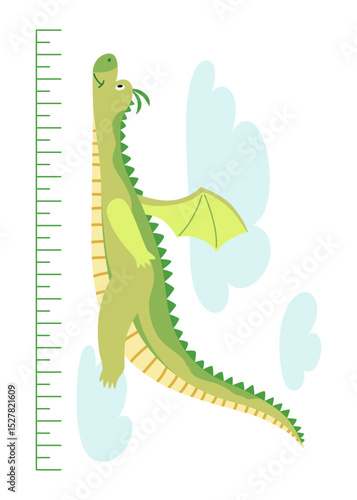 Height measure with growth ruler chart with cute cartoon dragon animal. Funny kids meter, wall scale to measure growth. Children room wall sticker as interior decor