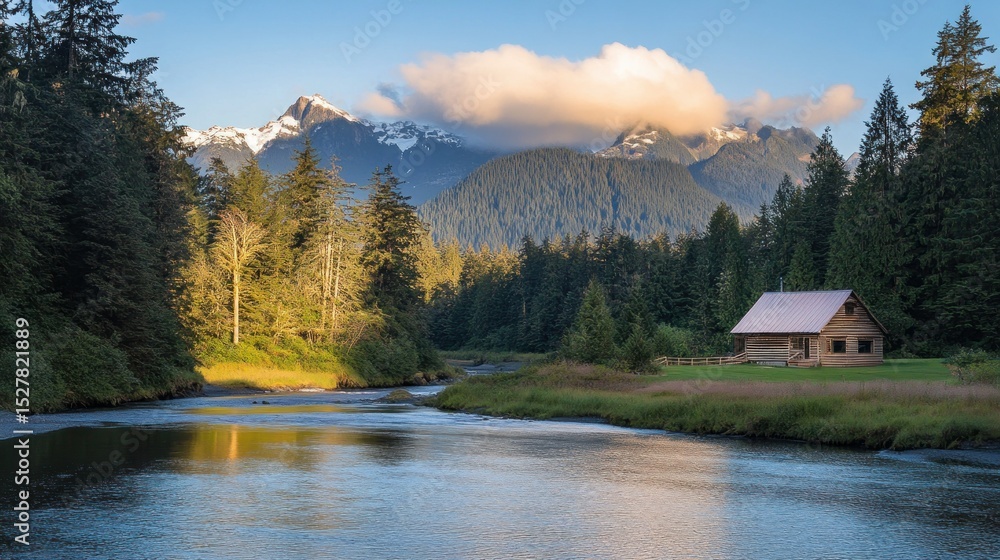 Fototapeta premium Cabin nestled by a river, mountains in the background