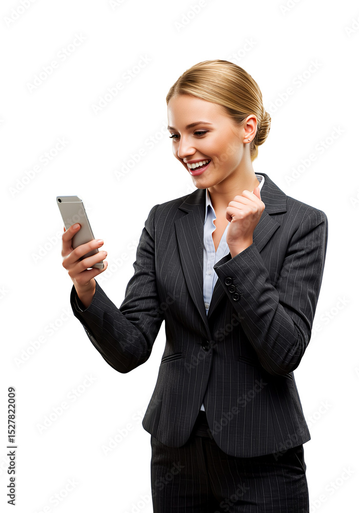 A businesswoman looking at her phone and smiling in excitement, isolated A businesswoman looking at her phone and smiling in excitement, isolated