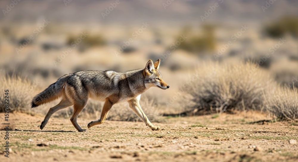 Fototapeta premium Trotting Coyote Captured Mid Trot Across Desert Landscape