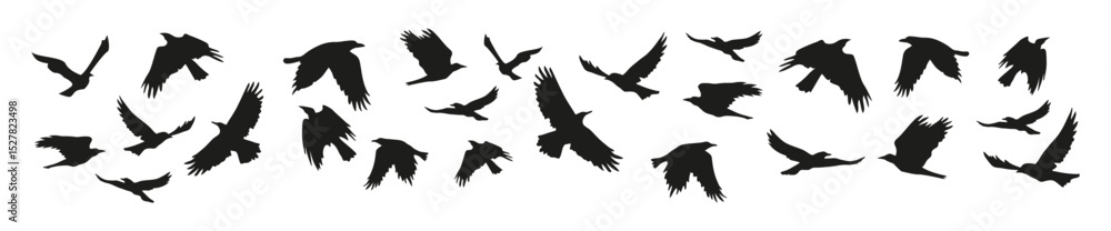 Fototapeta premium Horizontal border with flock of black crows for Halloween decorations