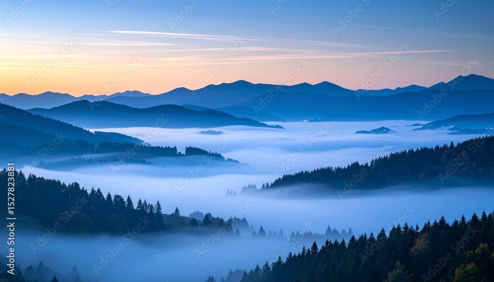 Fototapeta premium Foggy mountain valley enveloped in dusky blue tones, distant peaks fading into a peaceful, silent skyline