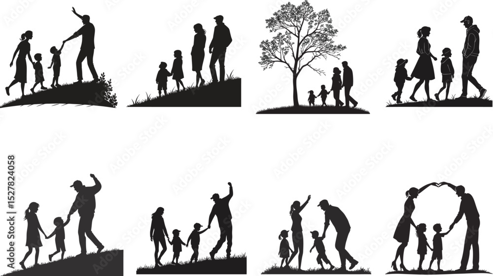 Naklejka premium Kids and parents silhouette set