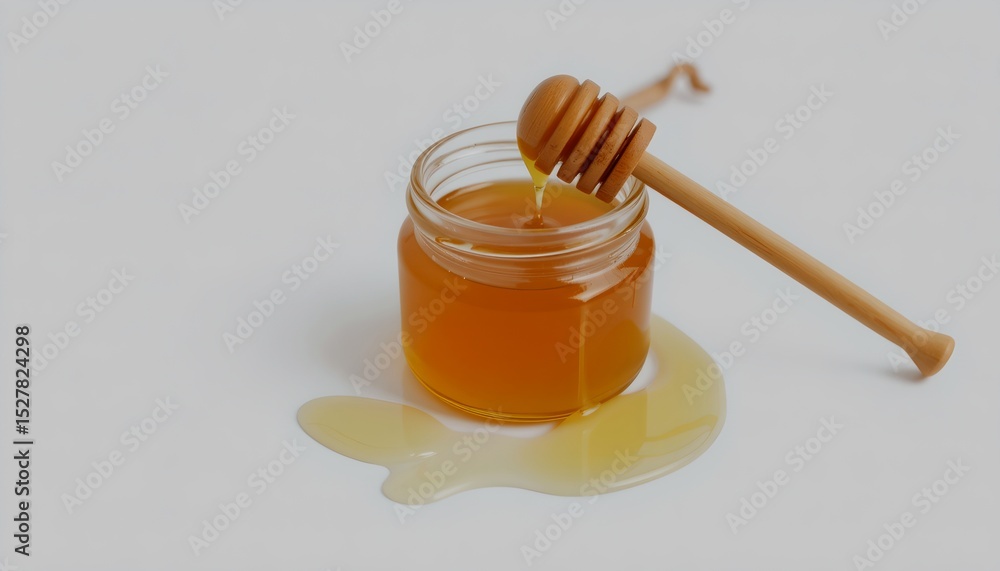 honey dripping from a wooden honey dipper into a glass jar on a table honey dripping from a wooden honey dipper into a glass jar on a table