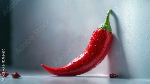 Close-up of a fresh red chili pepper with water droplets on a smooth surface and soft gradient background.