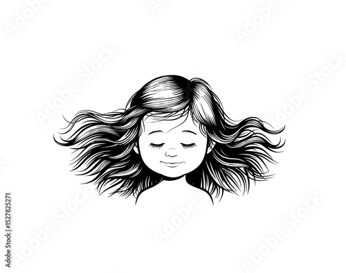 Little girl with flying hair vector in black color with white background.