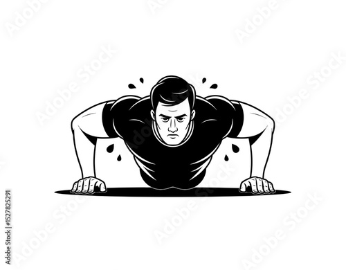 Man doing pushups vector in black color isolated on white.