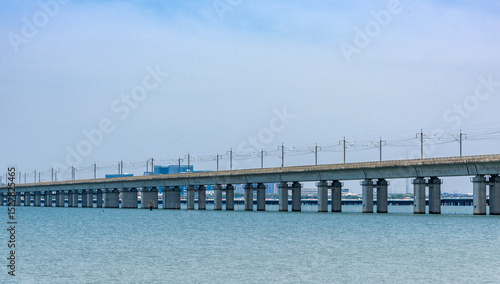 The high-speed railway bridge over Yangcheng Lake in Jiangsu, China.