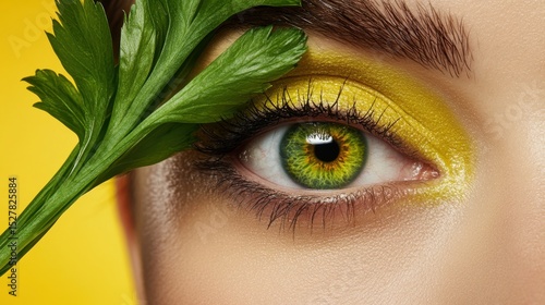 Close-up of a green eye with yellow eyeshadow and a fresh green parsley leaf near the face on a yellow background.