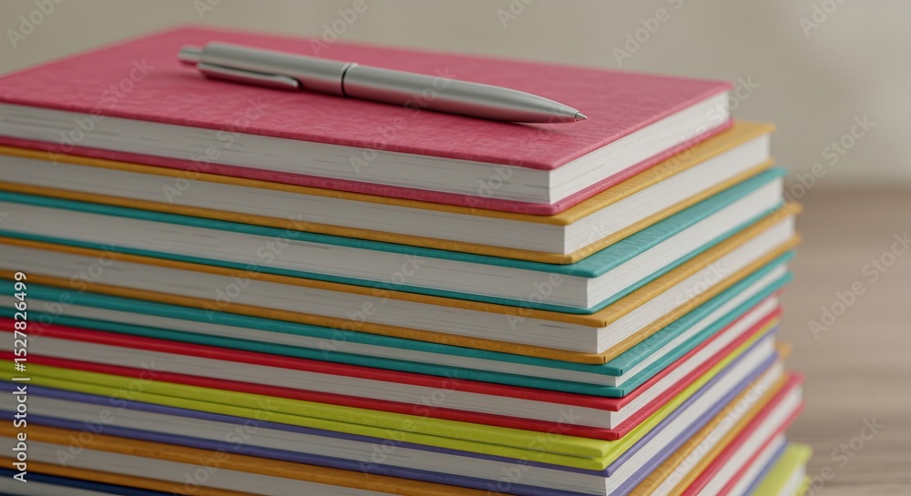 Stack of colorful notebooks with a silver pen resting on the top notebook's cover Stack of colorful notebooks with a silver pen resting on the top notebook's cover