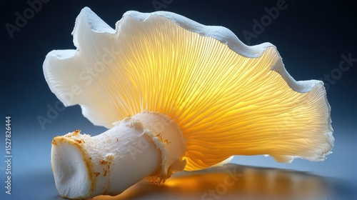 Close-up of a glowing mushroom with translucent gills illuminated against a dark background, highlighting natural texture and detail.