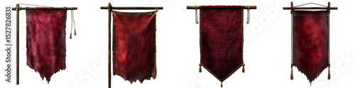 Set of Grunge Red Banners and Flags on Wooden Poles with Transparent Background