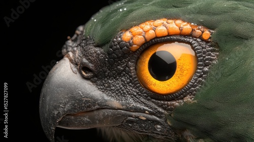 Close-up of a green parrot's head highlighting its vibrant orange eye and detailed textured feathers.