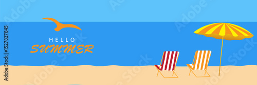Abstract minimal summer horizontal poster, cover, banner, with bright sea, blue sky and striped beach chairs. Summer vacation illustration, holiday travel. Promo ad design template. vector