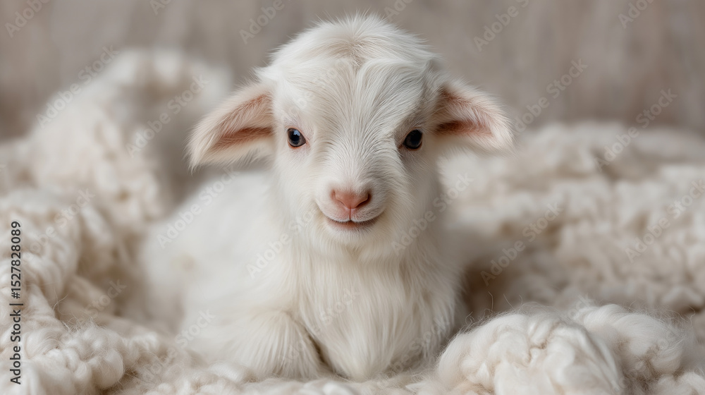 Fototapeta premium Adorable fluffy white baby goat on cream background