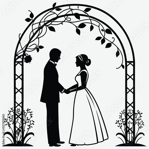 A  wedding couple under an arch  silhouette design vector art and illustration