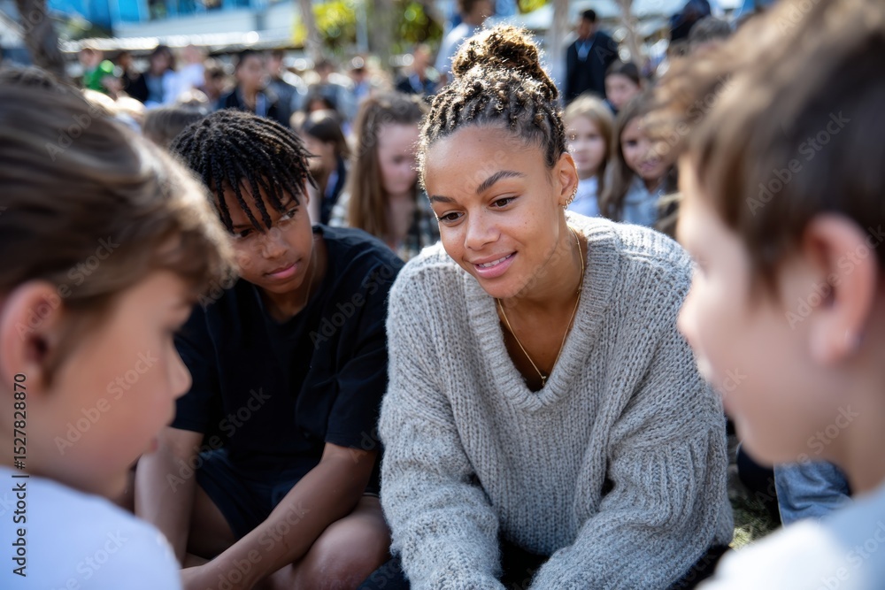 Obraz premium A joyful scene captures young adults interacting and connecting in an outdoor setting, surrounded by a lively group of peers, fostering community and collaboration.