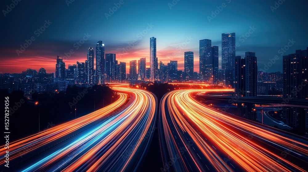 Obraz premium Stunning cityscape at sunset showcasing vibrant highway traffic light trails against a modern city skyline