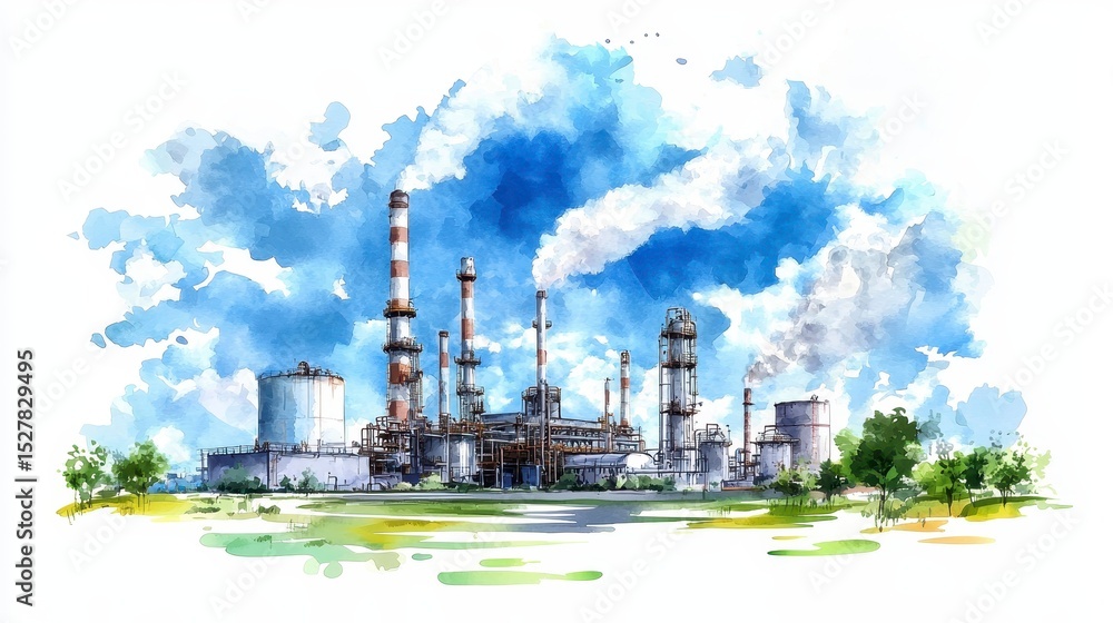 Obraz premium A high-quality watercolor painting depicts a detailed petrochemical refinery plant with smokestacks emitting smoke under a vibrant blue sky, showcasing industrial infrastructure