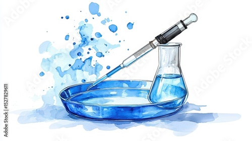 A detailed watercolor illustration depicts a scientific laboratory scene featu a petri dish, pipette, and Erlenmeyer flask filled with a vibrant blue liquid, perfect for