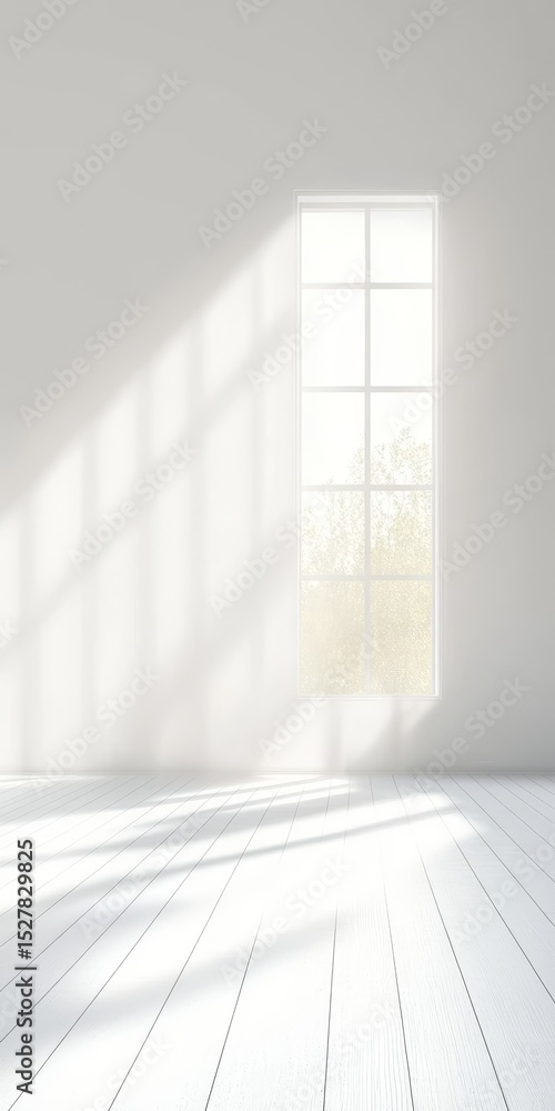Obraz premium Bright and Serene White Studio Interior Bathed in Natural Sunlight with Minimalist Decor for Shoots