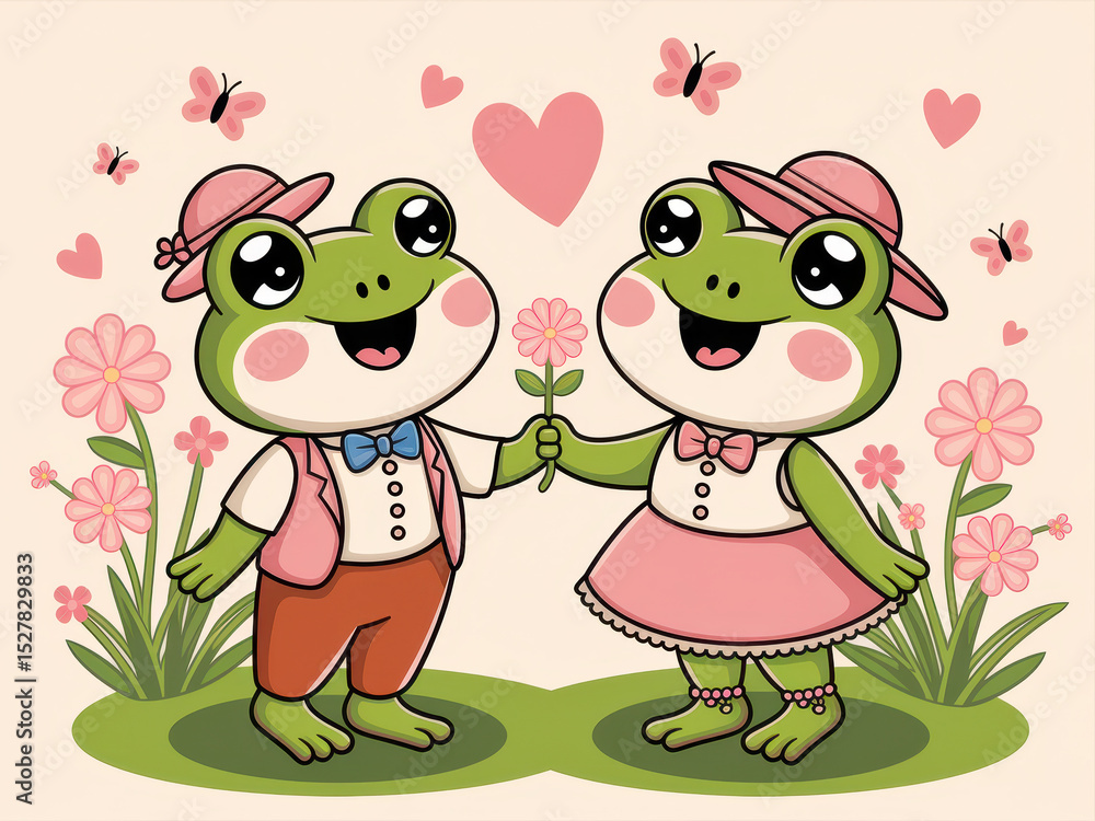 Obraz premium Cute frog couple in love with butterflies and hearts in a whimsical spring setting