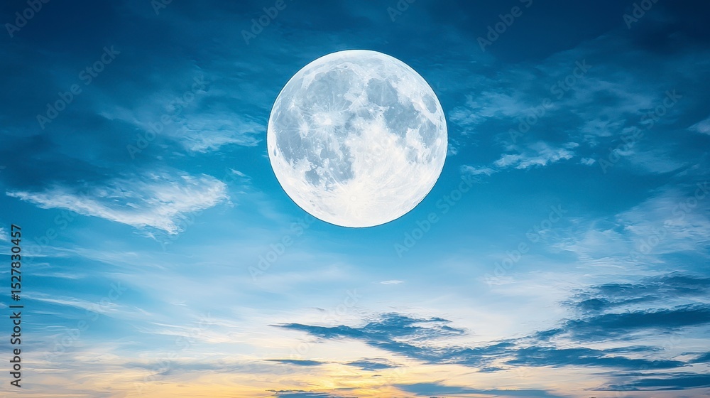 Fototapeta premium A breathtaking full moon ascends in a vibrant sunset sky du Ramadan night offe a serene and peaceful eastern moonlit scene perfect for spiritual reflection and celebration.
