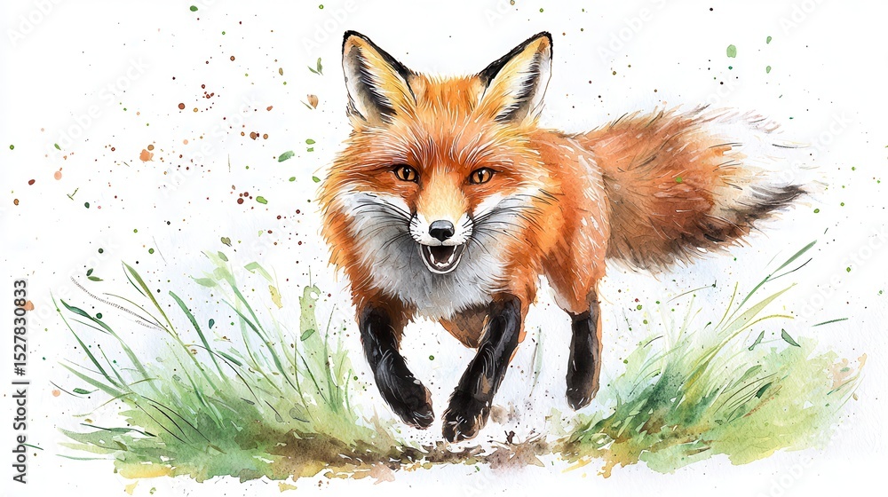 Obraz premium A vibrant watercolor painting depicts a red fox Vulpes vulpes in motion, its fur brilliantly colored, as it bounds through lush green grass and brown earth, showcasing the wildlife