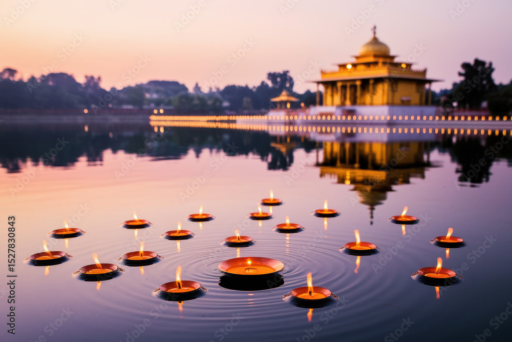 Obraz premium Peaceful evening at golden temple with floating candles reflecting on water