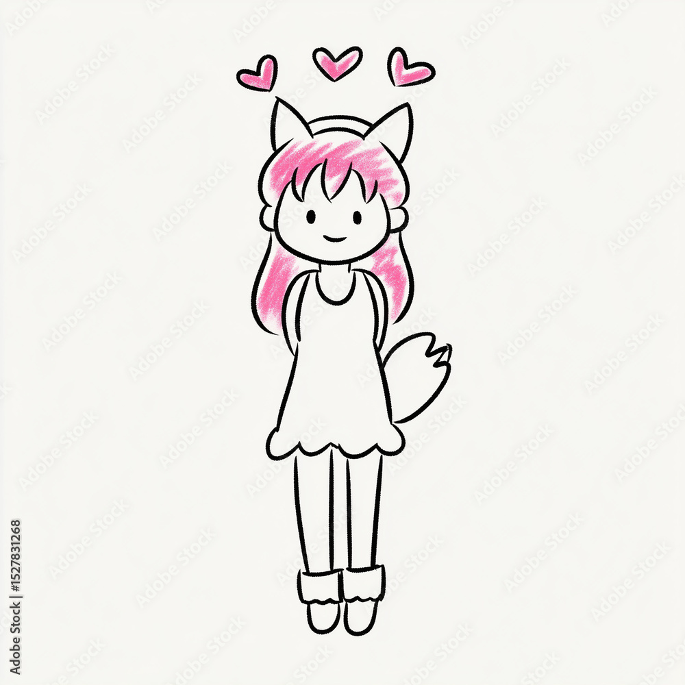 Cute cartoon girl with pink hair and fox ears smiling happily with hearts above Cute cartoon girl with pink hair and fox ears smiling happily with hearts above