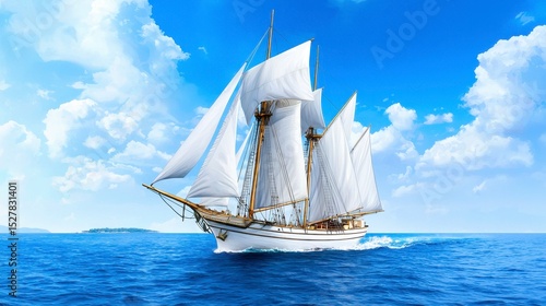 A majestic white sailing ship with billowing sails glides gracefully across a vibrant blue ocean under a bright sunny sky with puffy white clouds a breathtaking high-quality