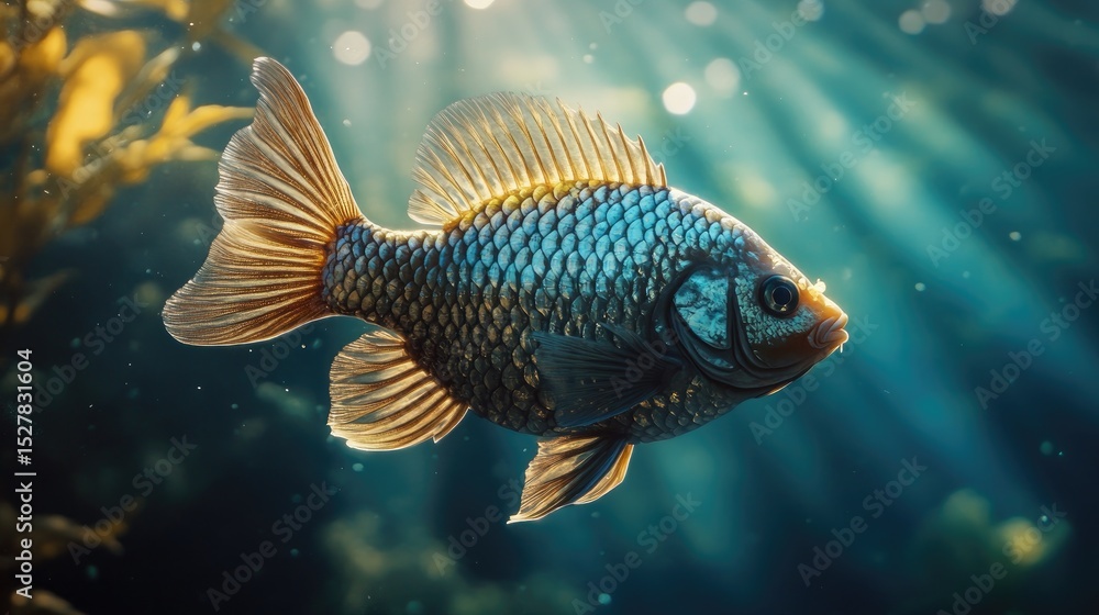 Obraz premium Sunlight illuminates a fish in underwater kelp forest