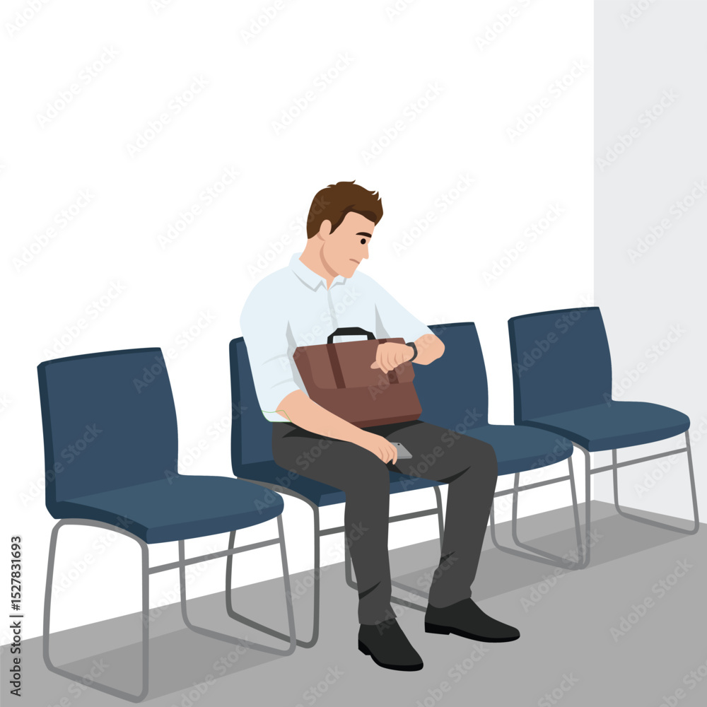 Man in formal attire sits in a waiting area, checking the time on his watch while holding briefcase. Flat vector illustration isolated on white background Man in formal attire sits in a waiting area, checking the time on his watch while holding briefcase. Flat vector illustration isolated on white background
