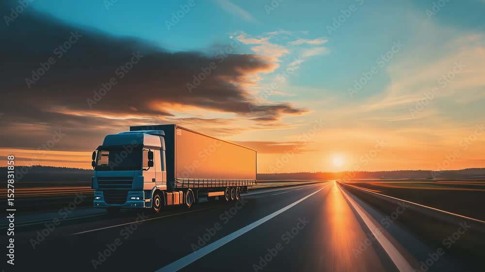 A semi trailer truck drives down the highway transporting goods as an airplane flies above at sunset, showing delivery and transportation A semi trailer truck drives down the highway transporting goods as an airplane flies above at sunset, showing delivery and transportation