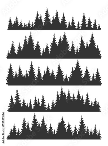 Set of fir trees silhouettes. Coniferous spruce horizontal background patterns, black evergreen woods vector illustration. Beautiful hand drawn panoramas of coniferous forest