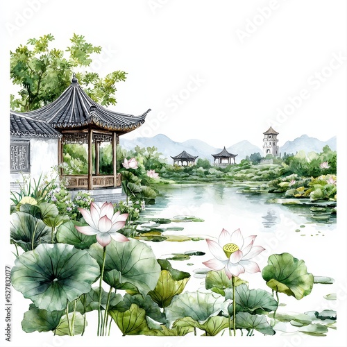 A serene watercolor painting depicts a classic Chinese landscape featu a tranquil pond with lotus flowers, elegant pavilions, and misty mountains in the background creating a
