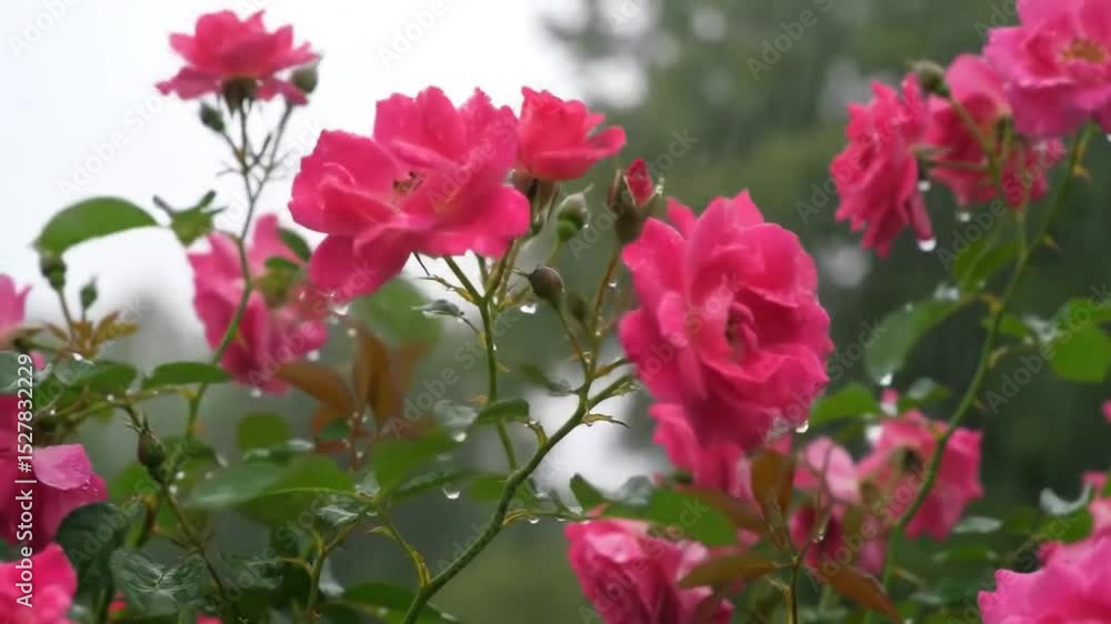 Vibrant Pink Roses Adorned With Raindrops In Serene Natural Setting Vibrant Pink Roses Adorned With Raindrops In Serene Natural Setting