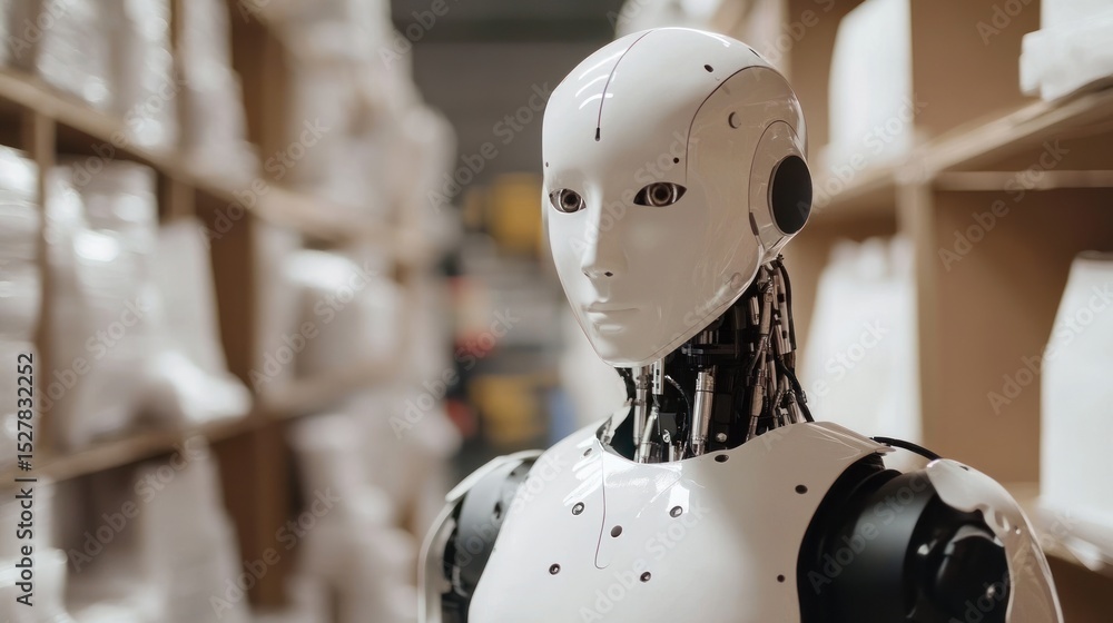 Fototapeta premium A white humanoid robot, close-up, stands in a workshop or factory setting, surrounded by various objects.
