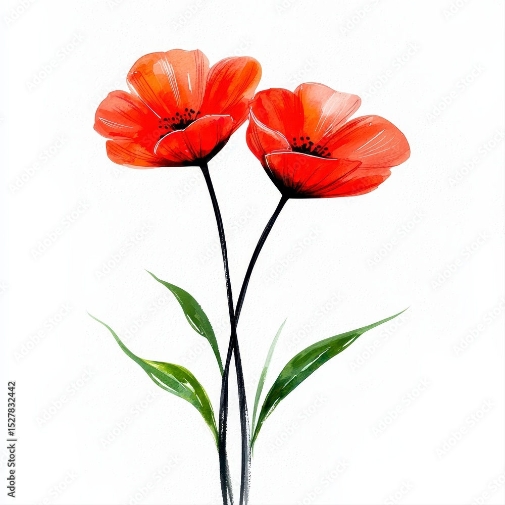 Obraz premium Two vibrant red poppies elegantly depicted in a minimalist watercolor painting style showcasing incredible flower icon art simplicity and natural beauty against a stark white