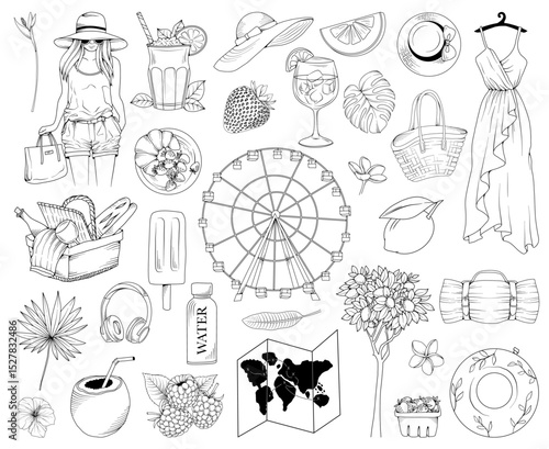 Set of hand drawn vector line art summer travel and tourism elements, line drawing of summer, beach, surfing, picnic and seaside vacation