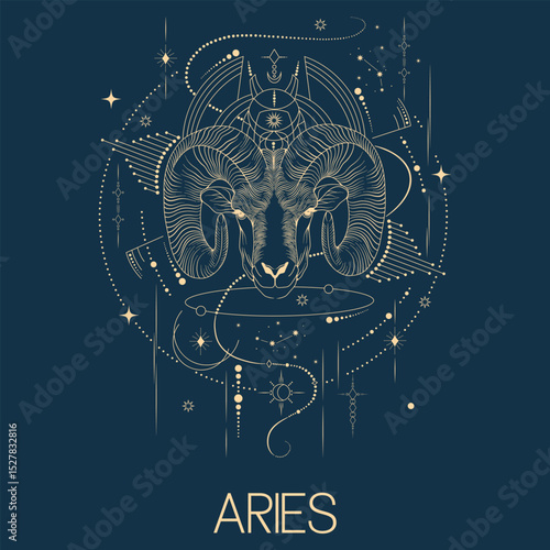 Aries zodiac sign vector line drawn illustration, horoscope character, stars, constellation and celestial elements in line art style
