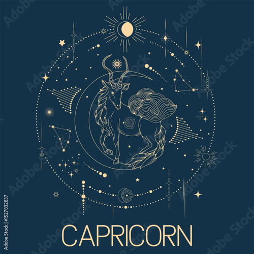 Capricorn zodiac sign vector line drawn illustration, horoscope character, stars, constellation and celestial elements in line art style