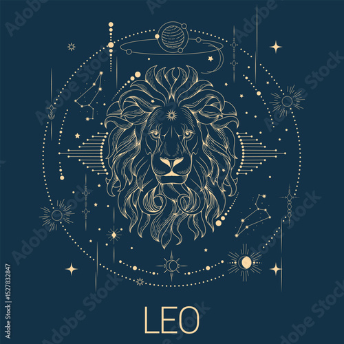 Leo zodiac sign vector line drawn illustration, horoscope character, stars, constellation and celestial elements in line art style