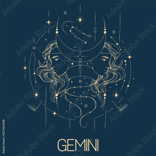 Gemini zodiac sign vector line drawn illustration, horoscope character, stars, constellation and celestial elements in line art style