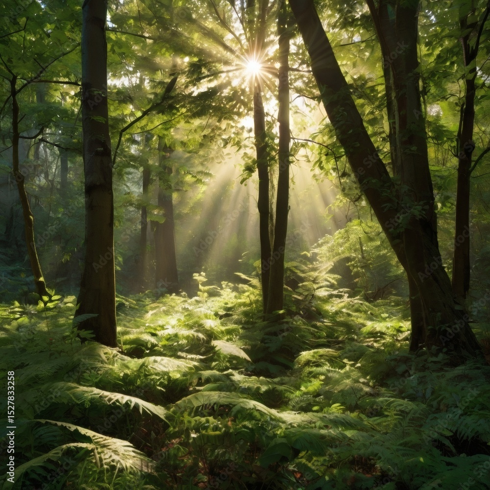 Obraz premium Tranquil Forest Scene with Sunbeams Streaming Through Trees 