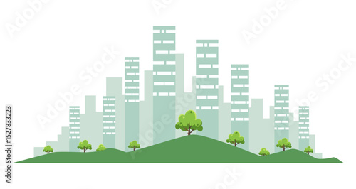 A shadowy silhouette of a city skyline with trees in front